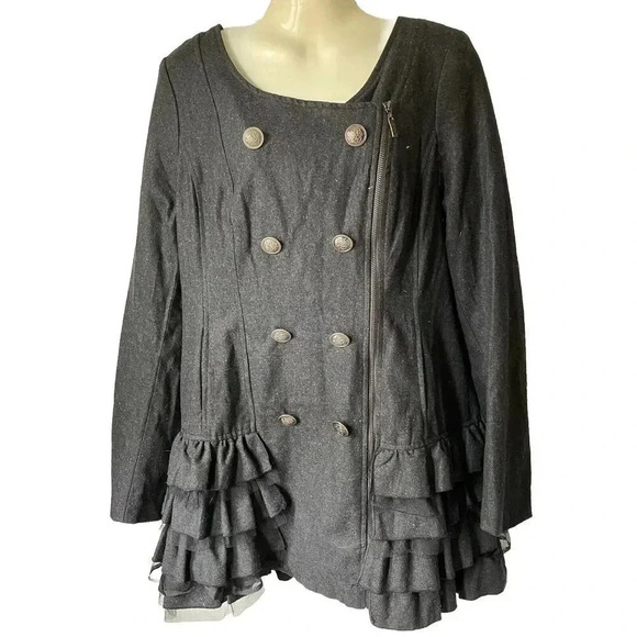 VTG Cecico Goth Wool Blend Jacket Womens L Full Zip Faux Double Breasted Ruffle - Picture 1 of 9